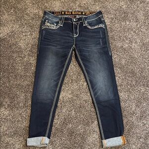 Rock Revival Blue Ankle Cropped Jeans with Cuffed Hem and Slim Fit